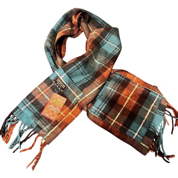Patrick King Wool Pocket Scarf Plaid Design With Fringe Trim Brown Teal scotish‎ - Picture 2 of 10